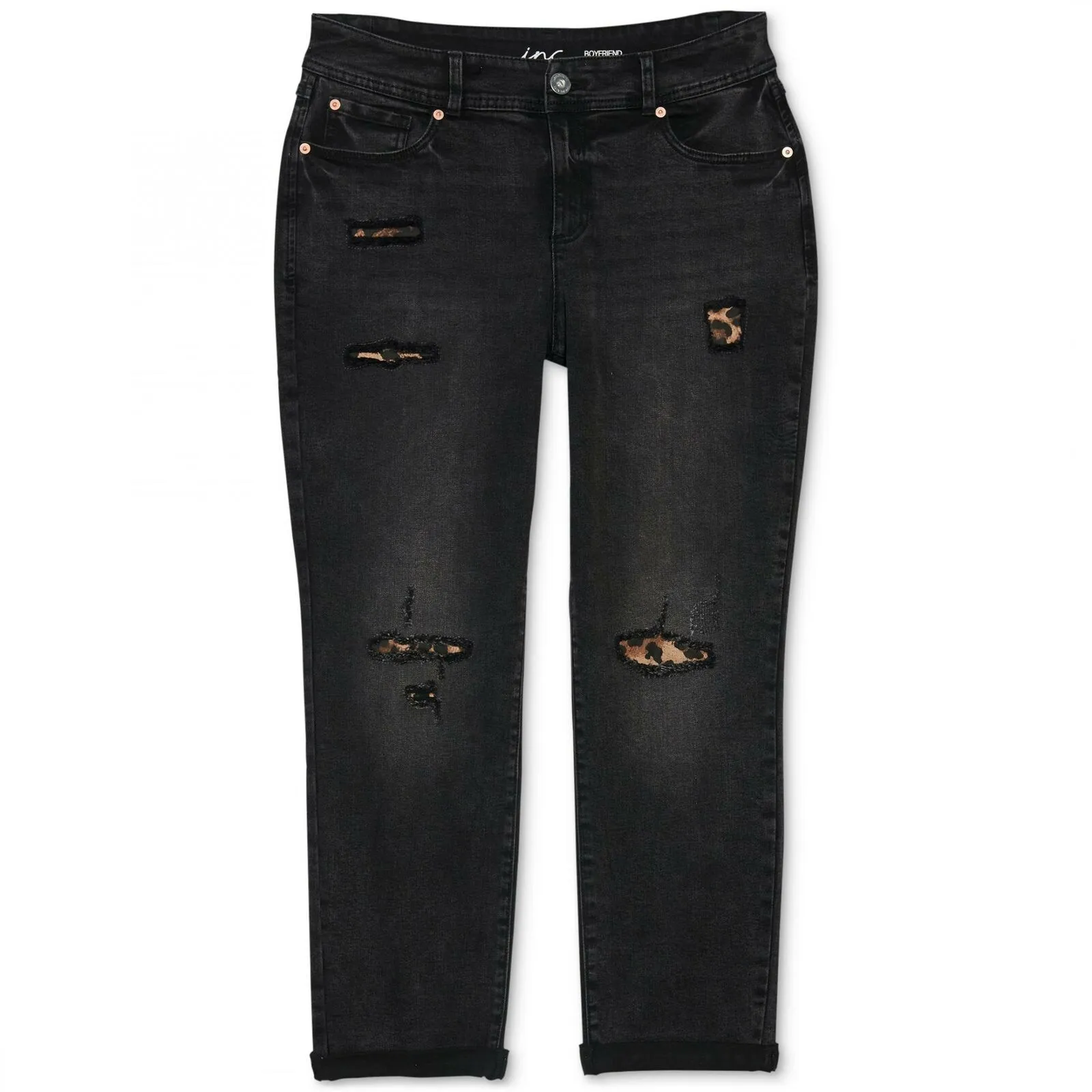 INC International Concepts Destructed Animal Print Curvy Fit Boyfriend Jeans