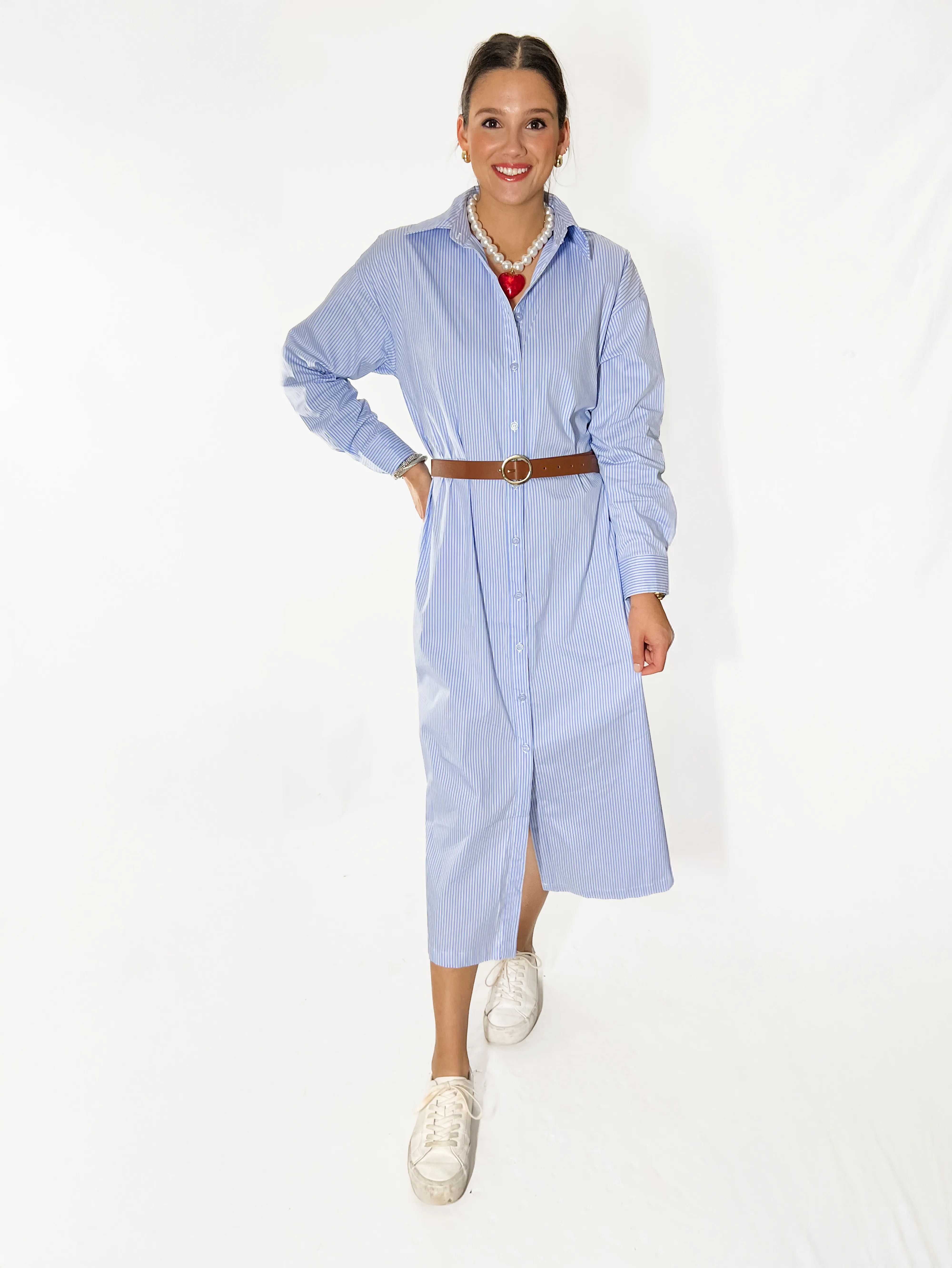 Ivy Pinstripe Button-Up Shirt Dress