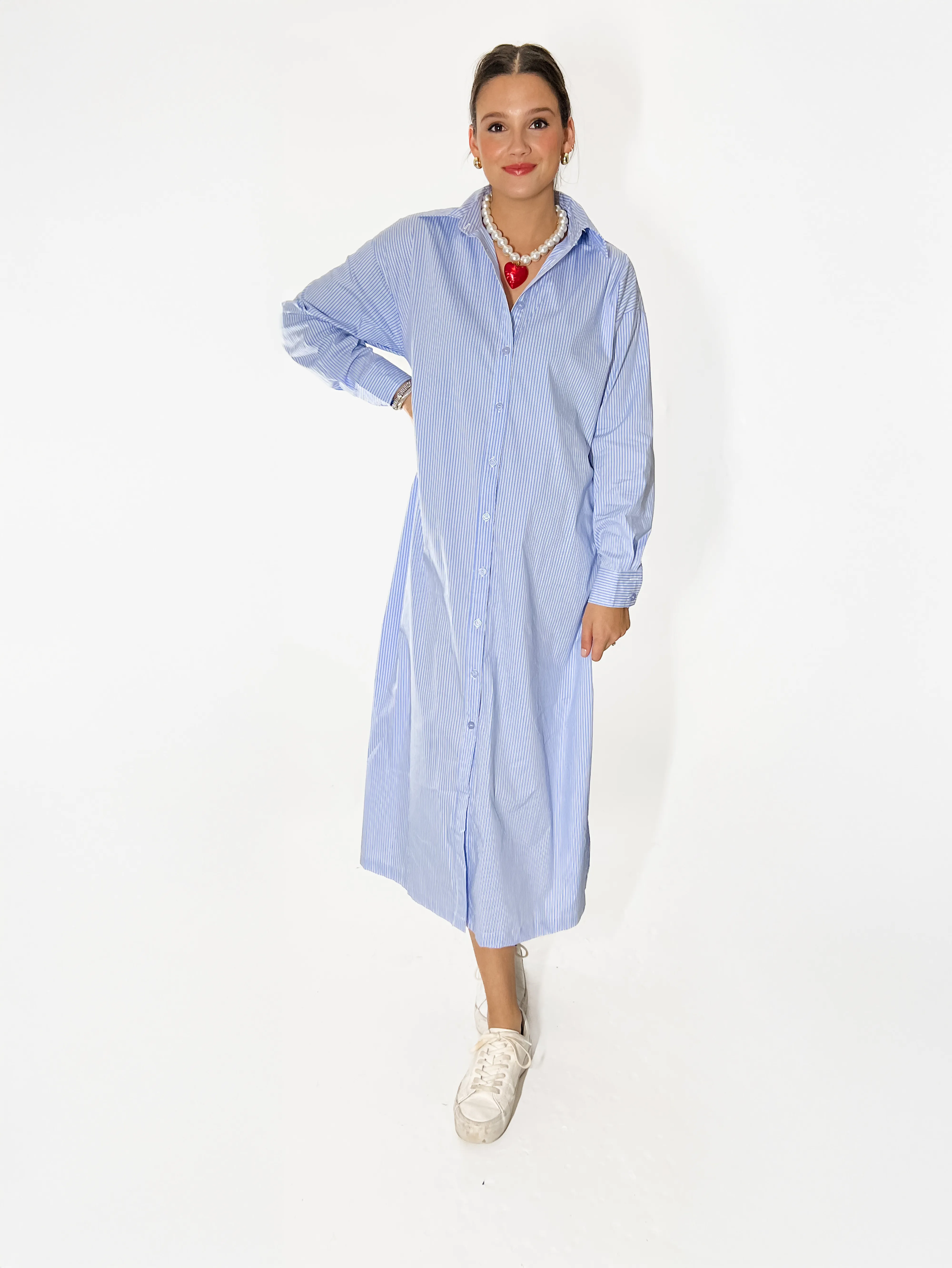 Ivy Pinstripe Button-Up Shirt Dress