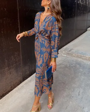 Janella - Vintage Draped Long Sleeve Midi Dress