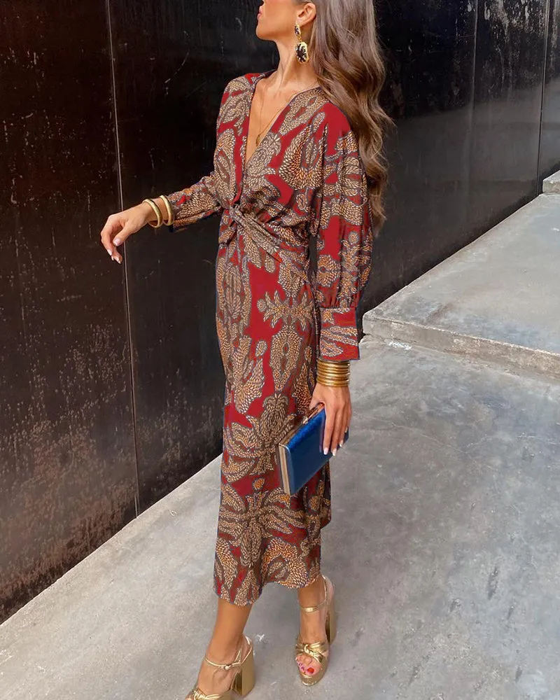 Janella - Vintage Draped Long Sleeve Midi Dress