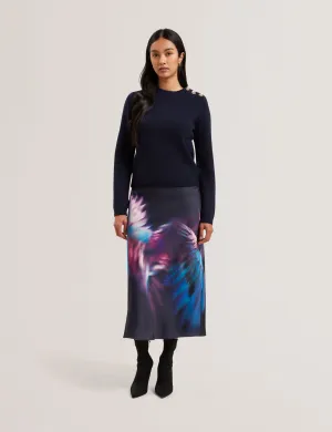 Janha Rose Button Crew Neck Long Sleeve Sweater Navy