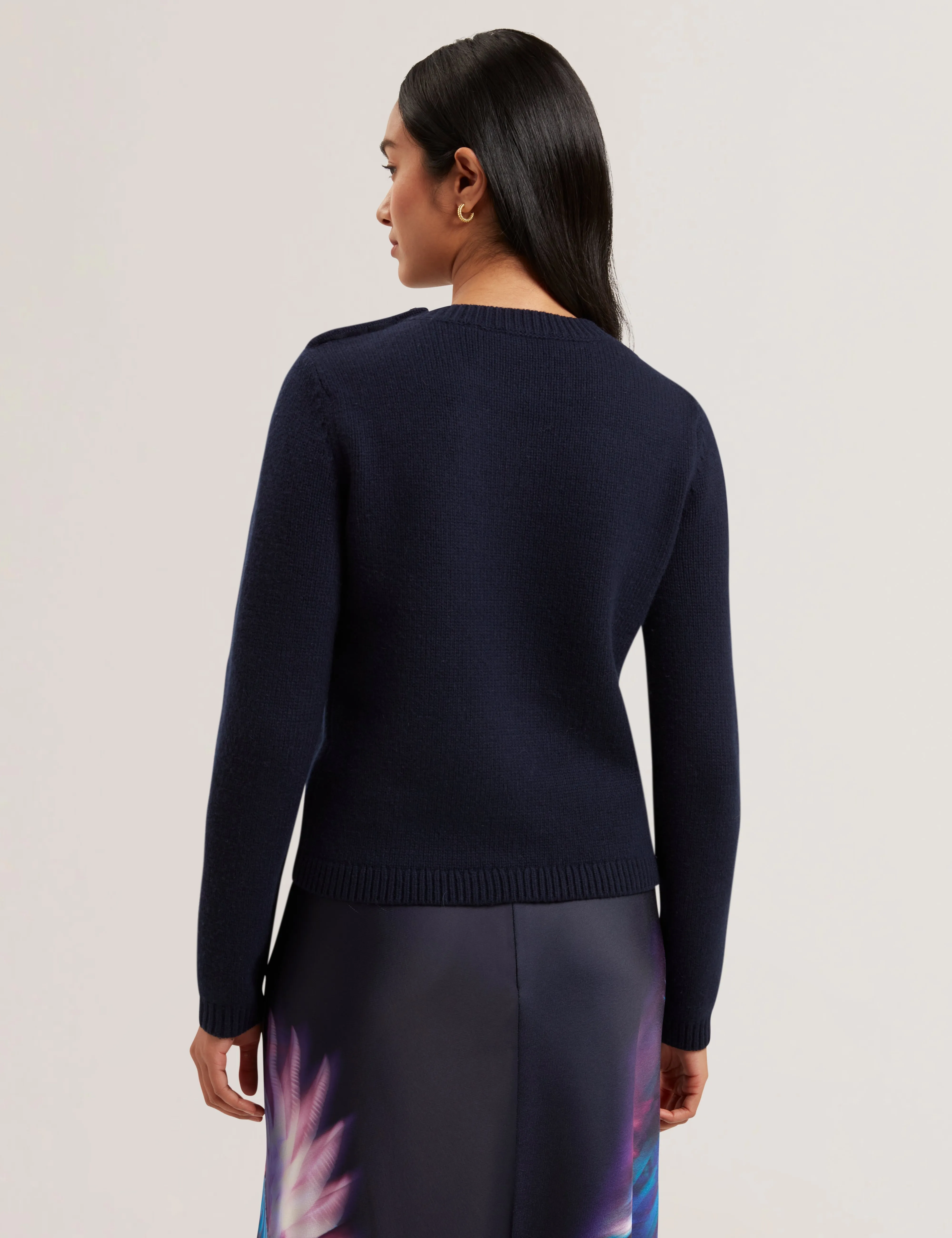 Janha Rose Button Crew Neck Long Sleeve Sweater Navy