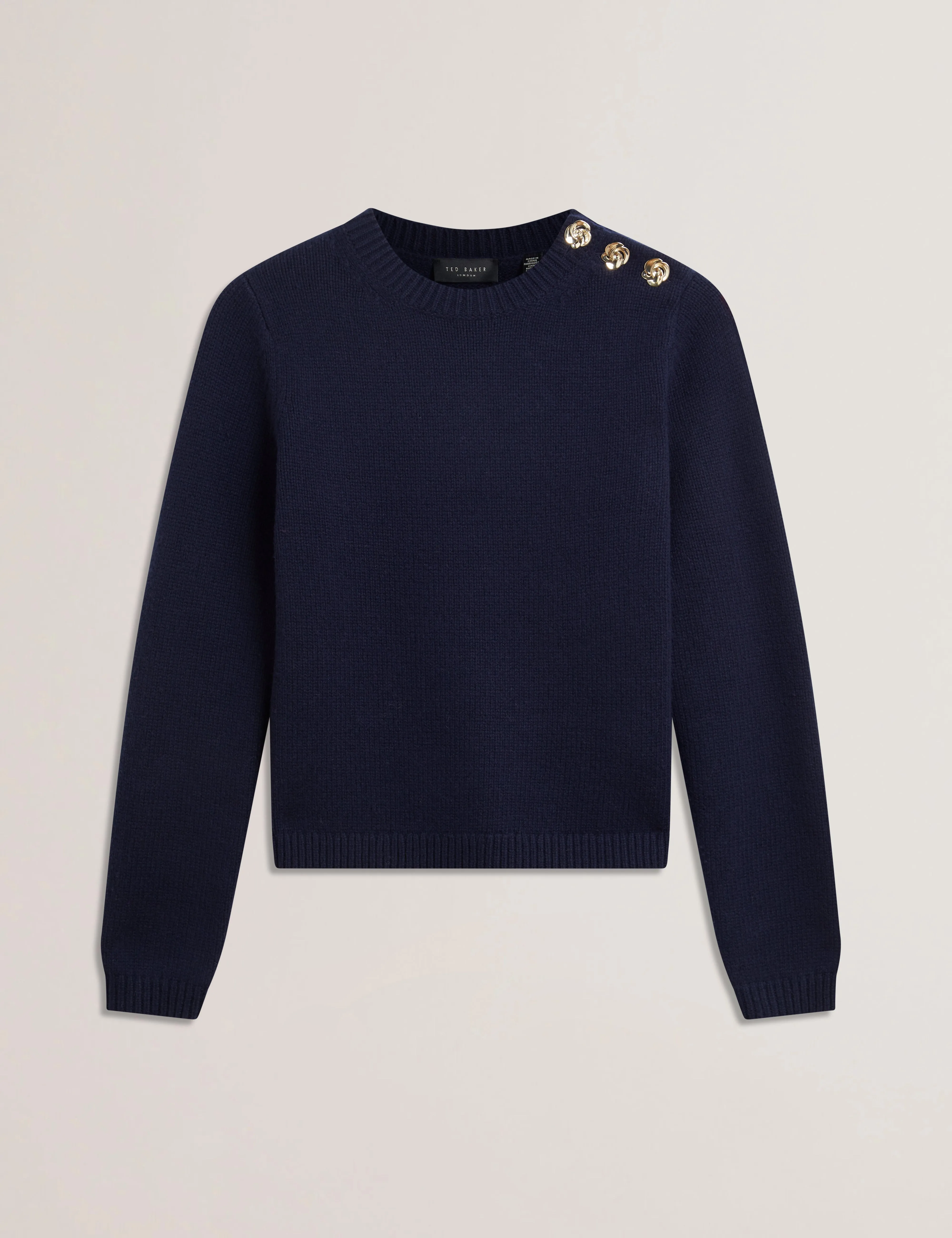 Janha Rose Button Crew Neck Long Sleeve Sweater Navy