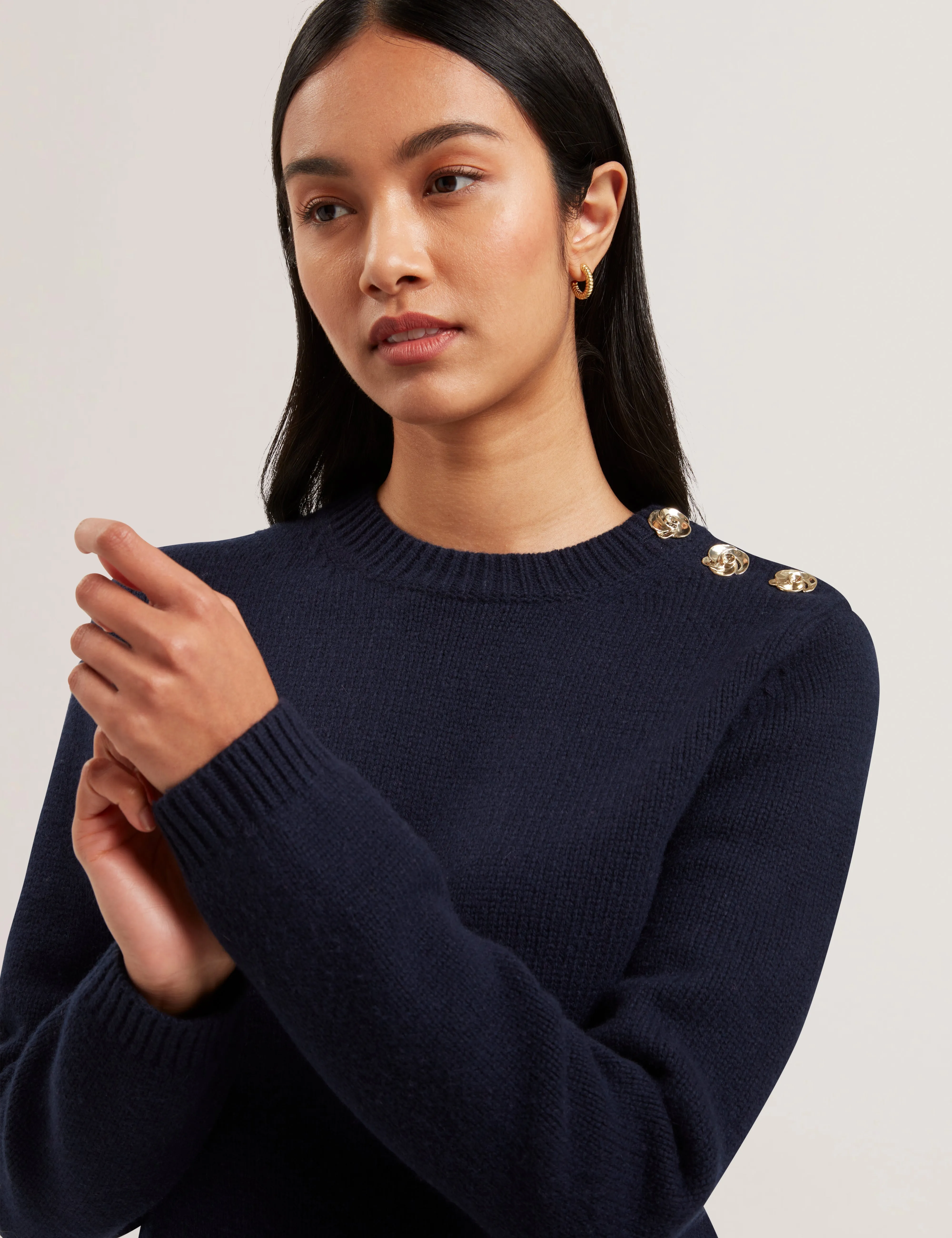 Janha Rose Button Crew Neck Long Sleeve Sweater Navy