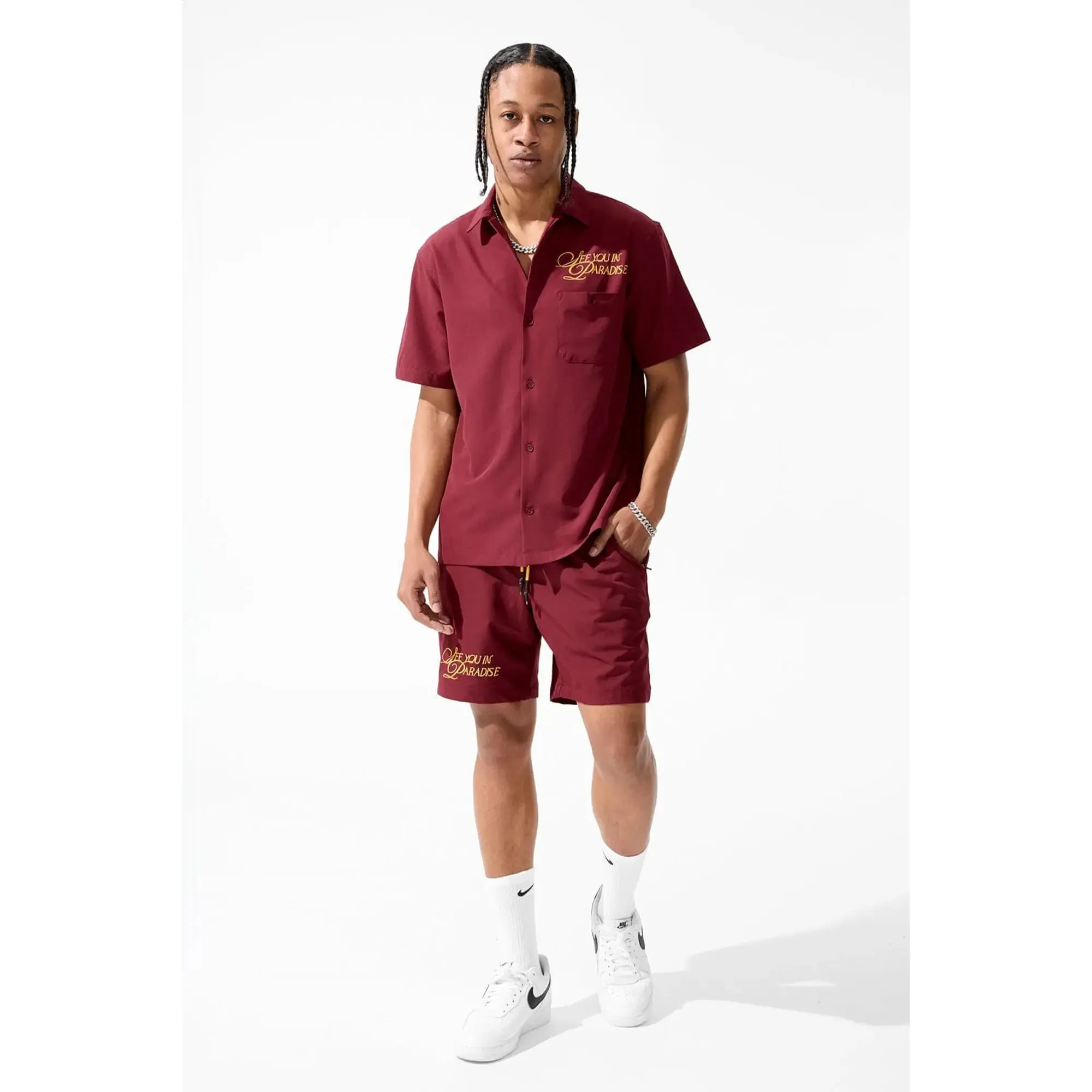 Jordan Craig Men Oakland Mechanic Embroidered Camp Shirt (Wine)