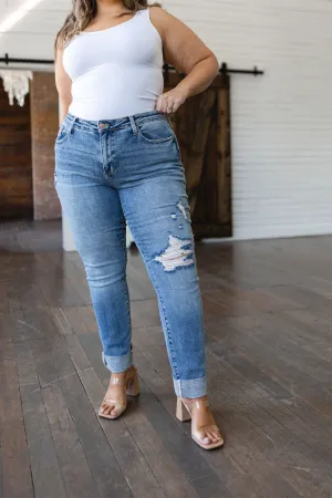 JUDY BLUE Elodie Mid Rise Distressed Boyfriend Jeans