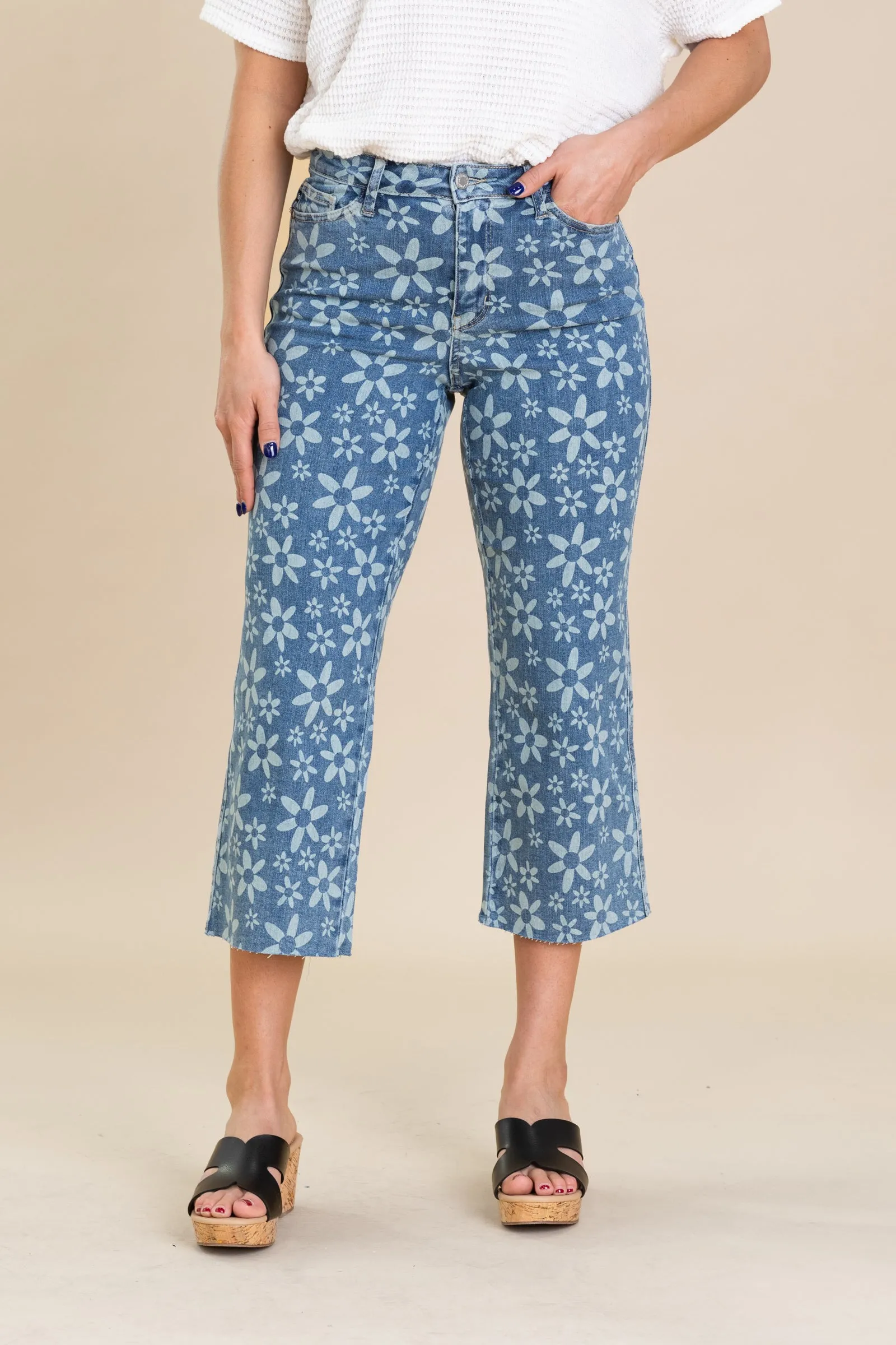 Judy Blue Flower Print Crop Wide Jeans
