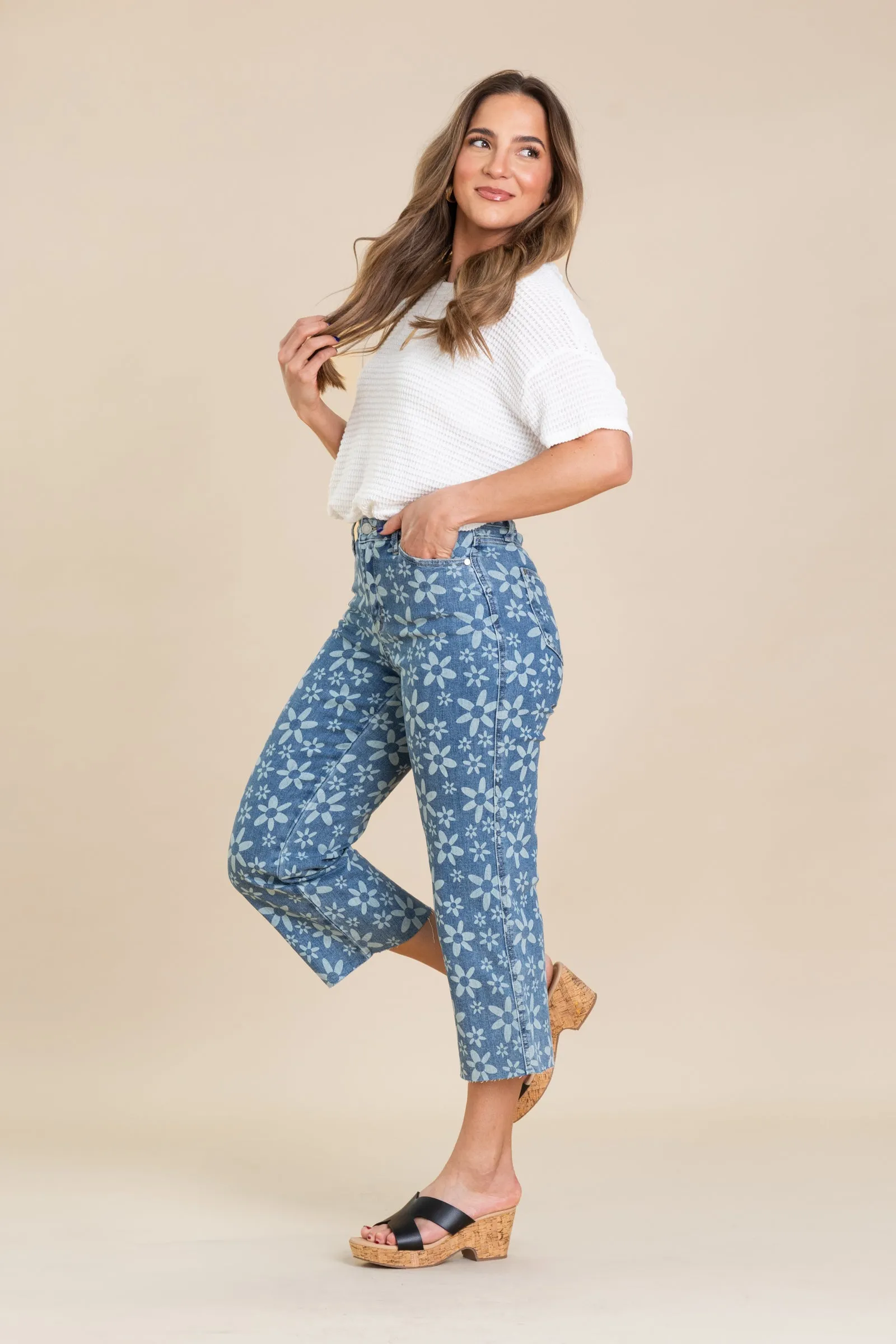 Judy Blue Flower Print Crop Wide Jeans