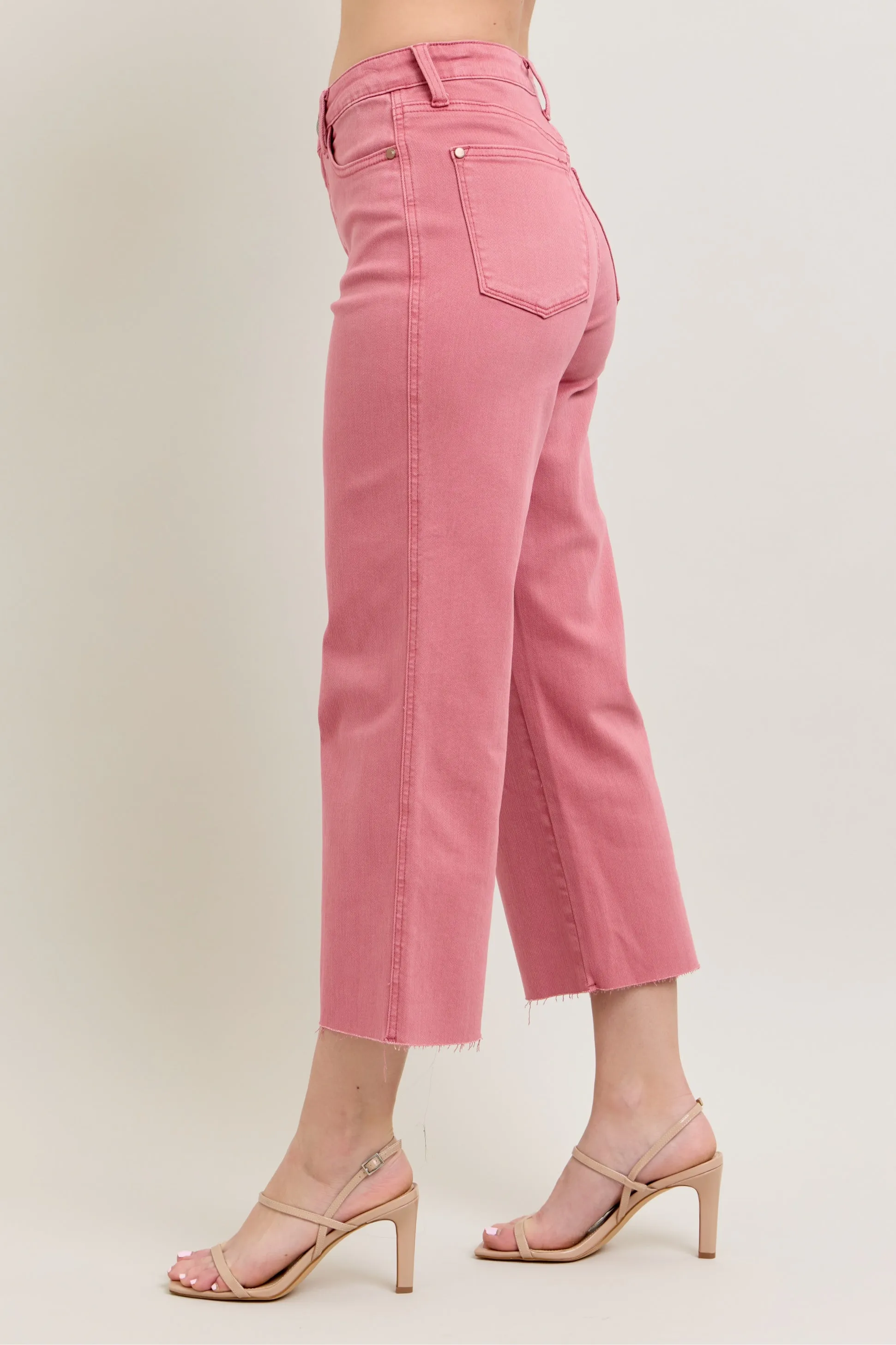 Judy Blue HW Garment Dyed Raw Hem Crop Wide - ROSE