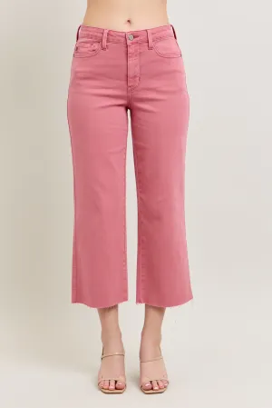 Judy Blue HW Garment Dyed Raw Hem Crop Wide - ROSE
