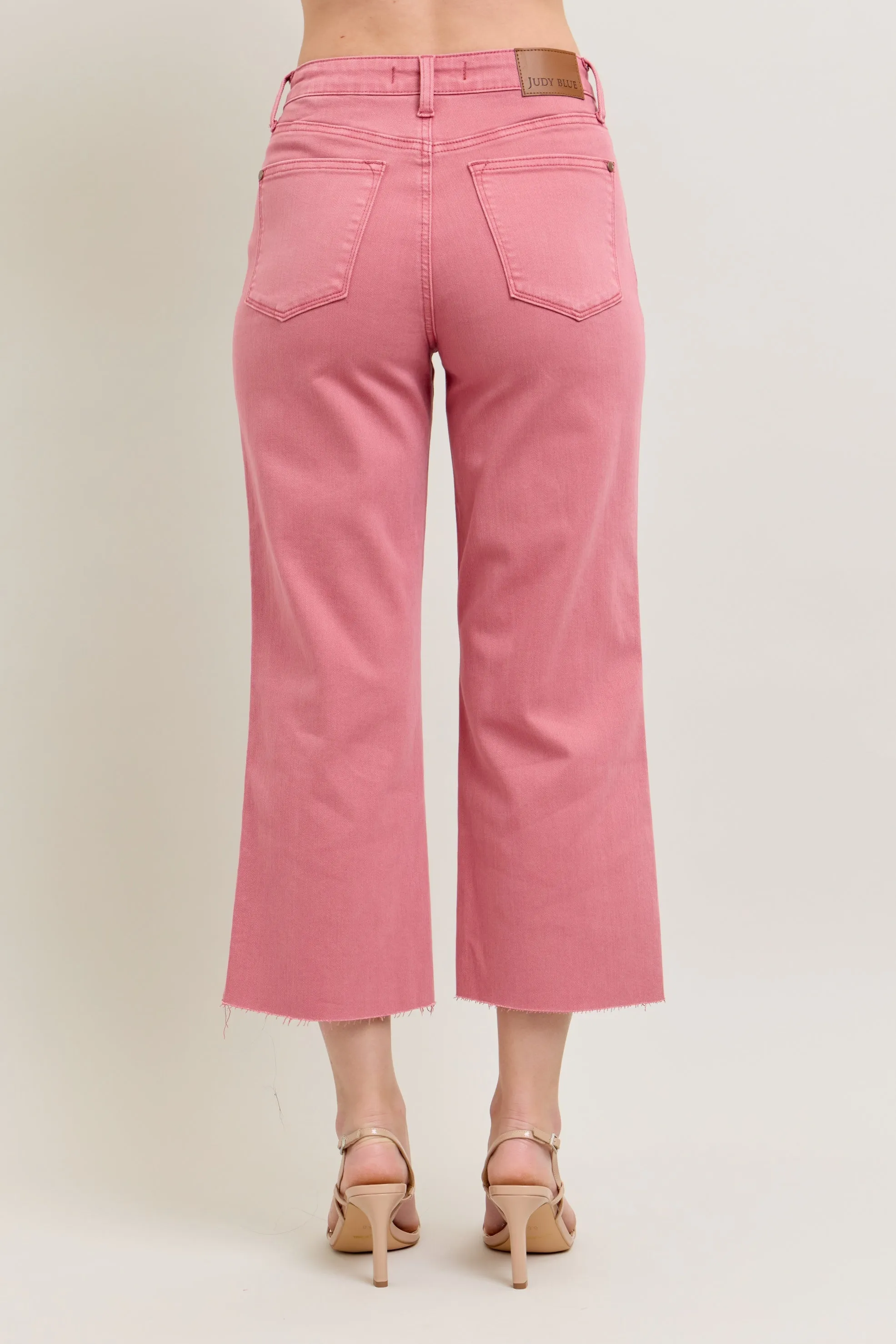 Judy Blue HW Garment Dyed Raw Hem Crop Wide - ROSE