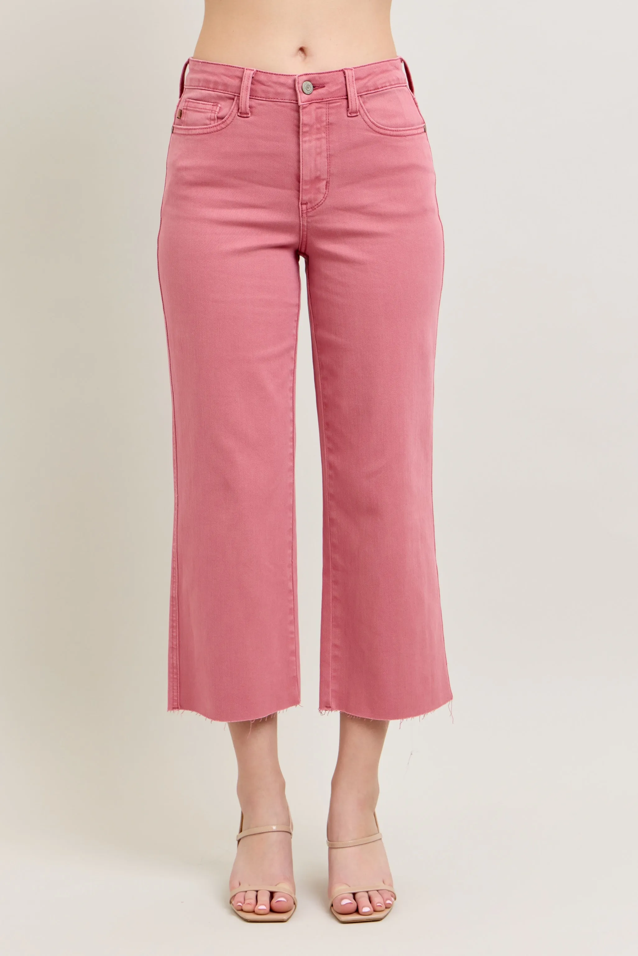 Judy Blue HW Garment Dyed Raw Hem Crop Wide - ROSE