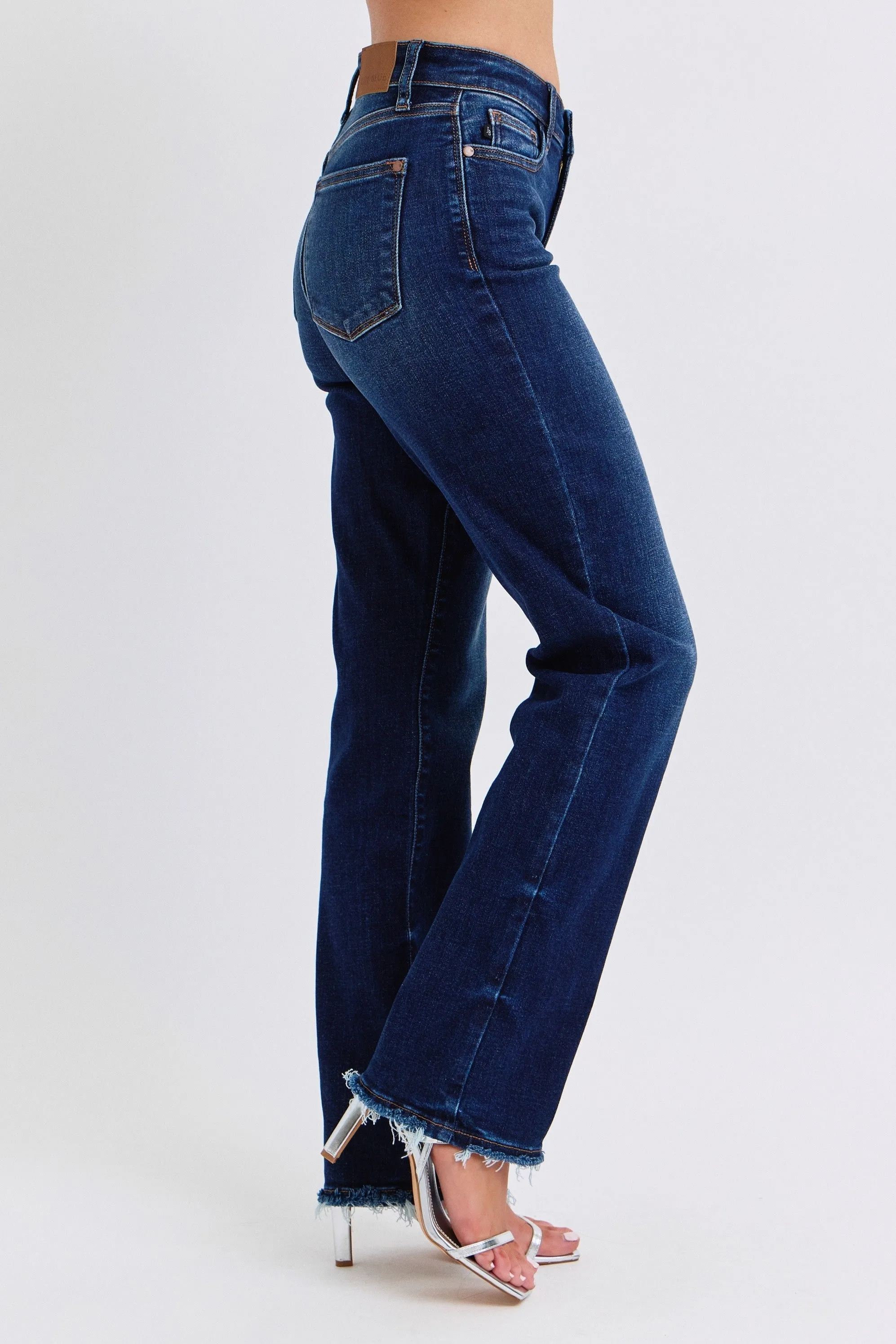 Judy Blue Mid Rise Straight Leg Fray Hem Jeans