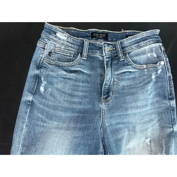 Judy Blue Wide Leg Distressed Jeans Size 5/27 Crop Raw Hem Factory Holes 30&quot;
