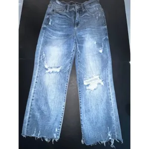 Judy Blue Wide Leg Distressed Jeans Size 5/27 Crop Raw Hem Factory Holes 30&quot;