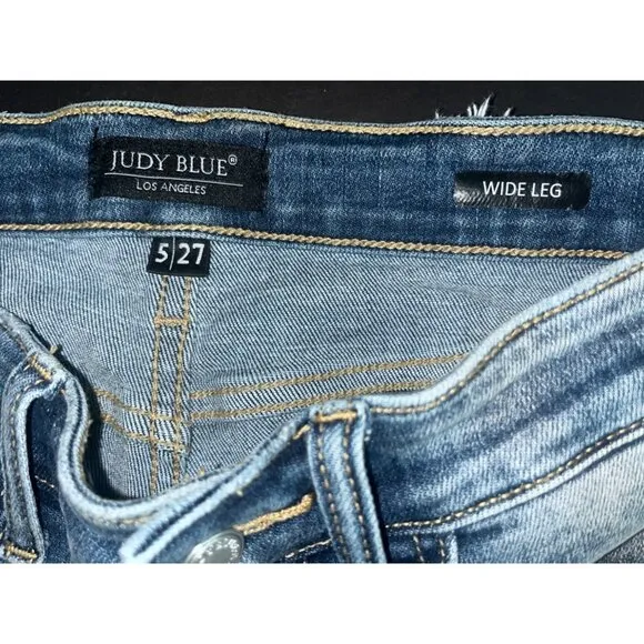 Judy Blue Wide Leg Distressed Jeans Size 5/27 Crop Raw Hem Factory Holes 30&quot;