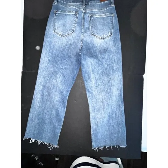 Judy Blue Wide Leg Distressed Jeans Size 5/27 Crop Raw Hem Factory Holes 30&quot;