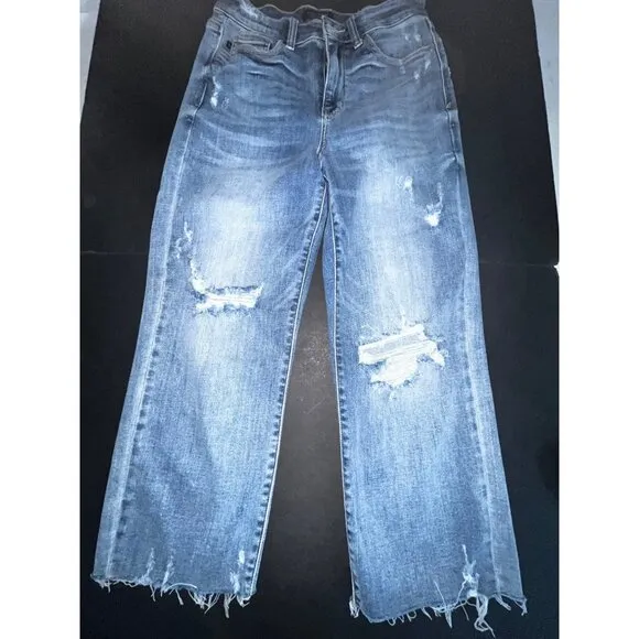 Judy Blue Wide Leg Distressed Jeans Size 5/27 Crop Raw Hem Factory Holes 30&quot;