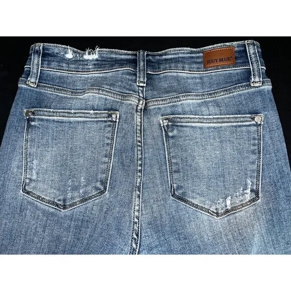 Judy Blue Wide Leg Distressed Jeans Size 5/27 Crop Raw Hem Factory Holes 30&quot;
