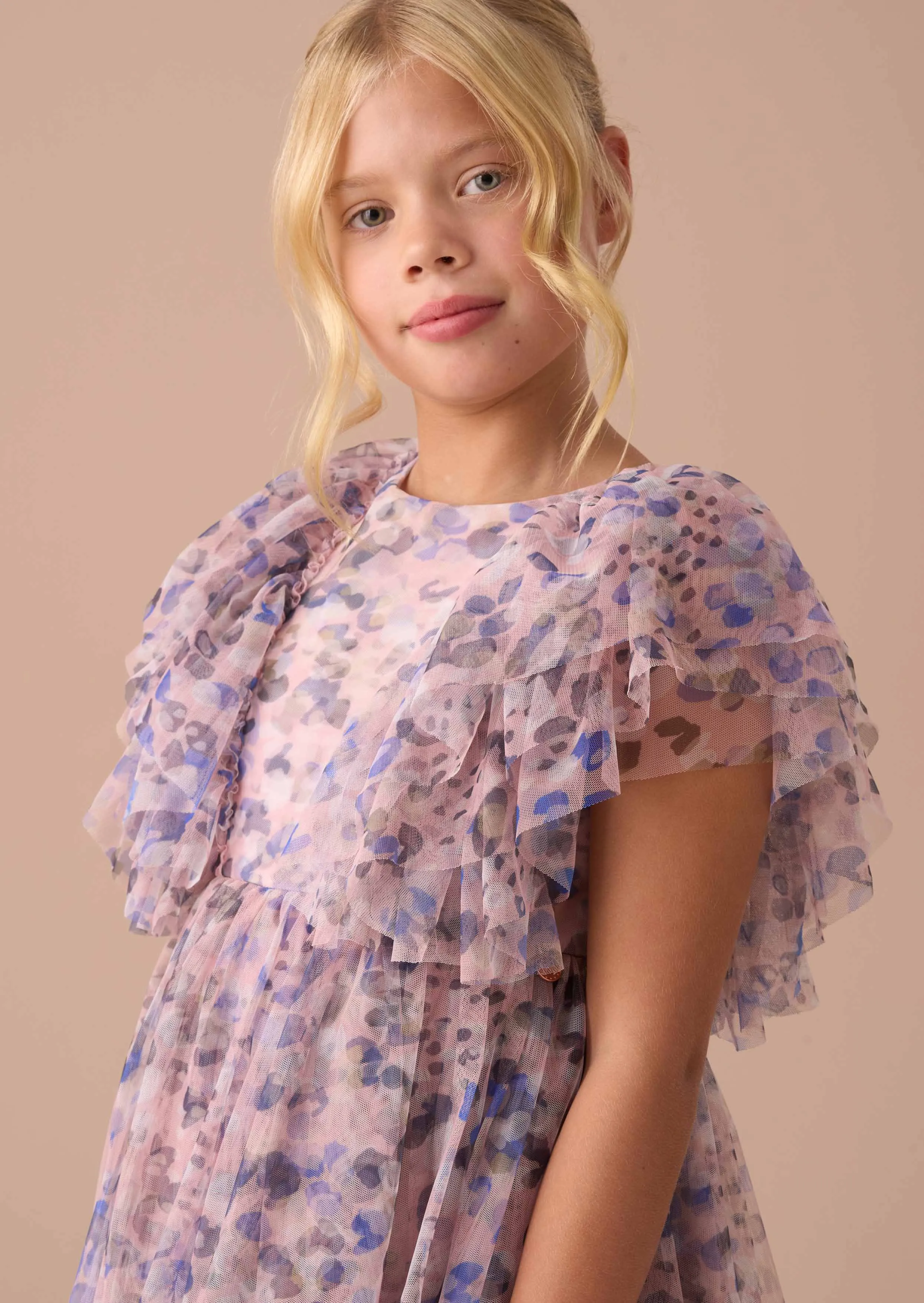 Juliana Pink Printed Frill Mesh Dress