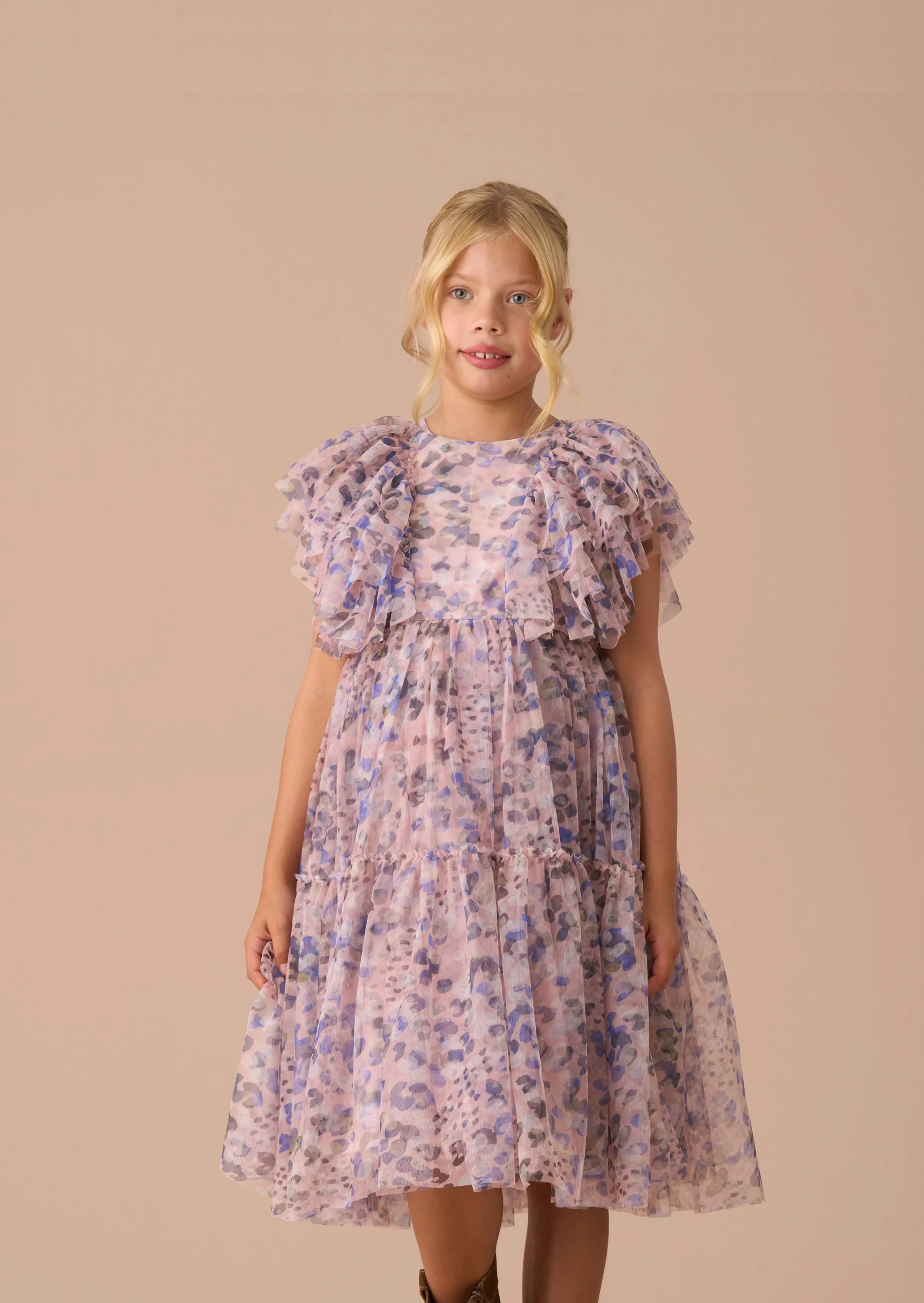 Juliana Pink Printed Frill Mesh Dress