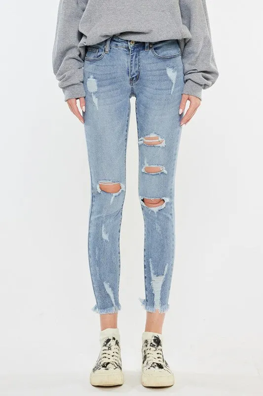 Kan Can Mid Rise Distressed Ankle Skinny Jeans