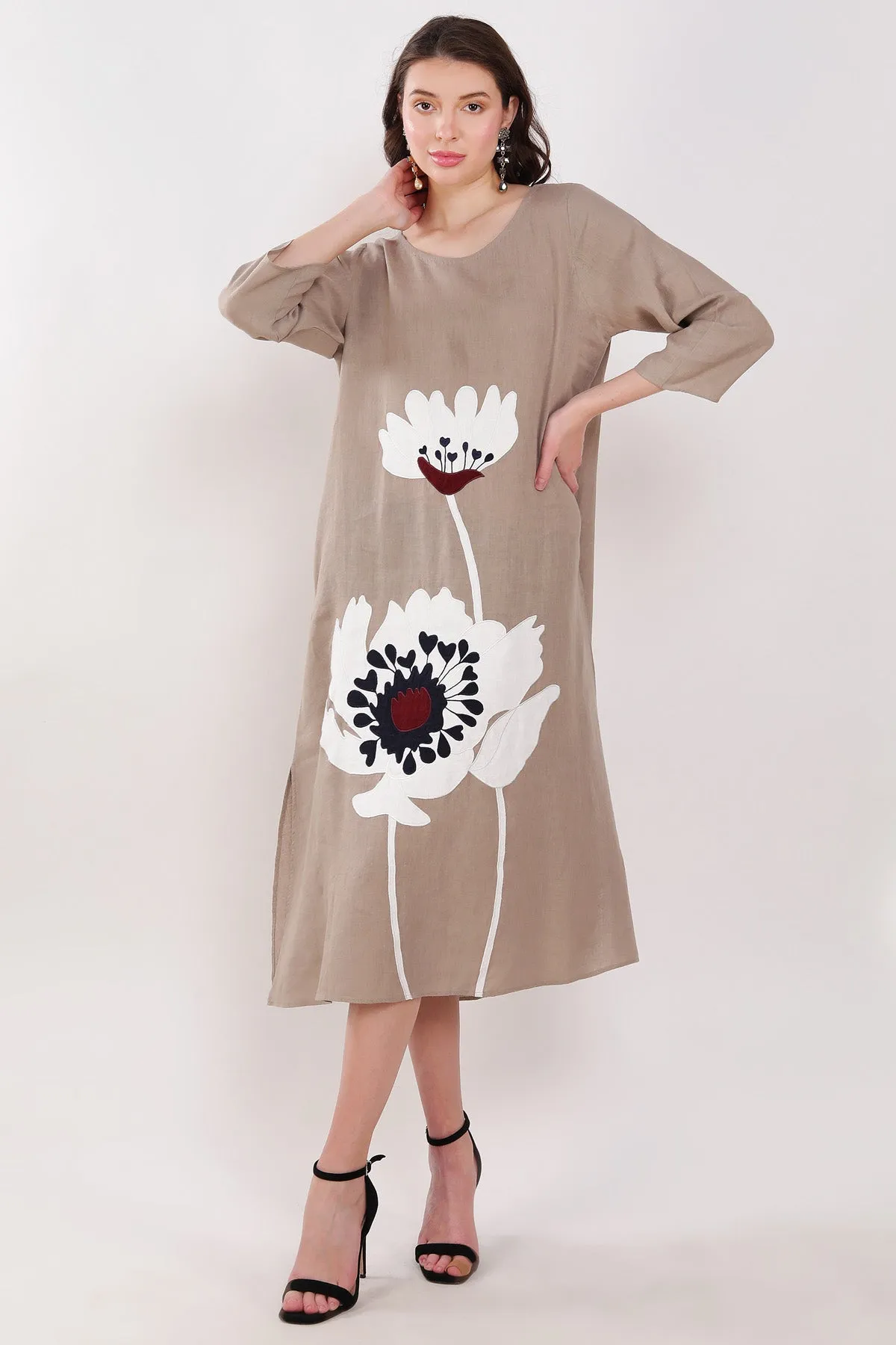 Khakhi Floral Embroidered Dress