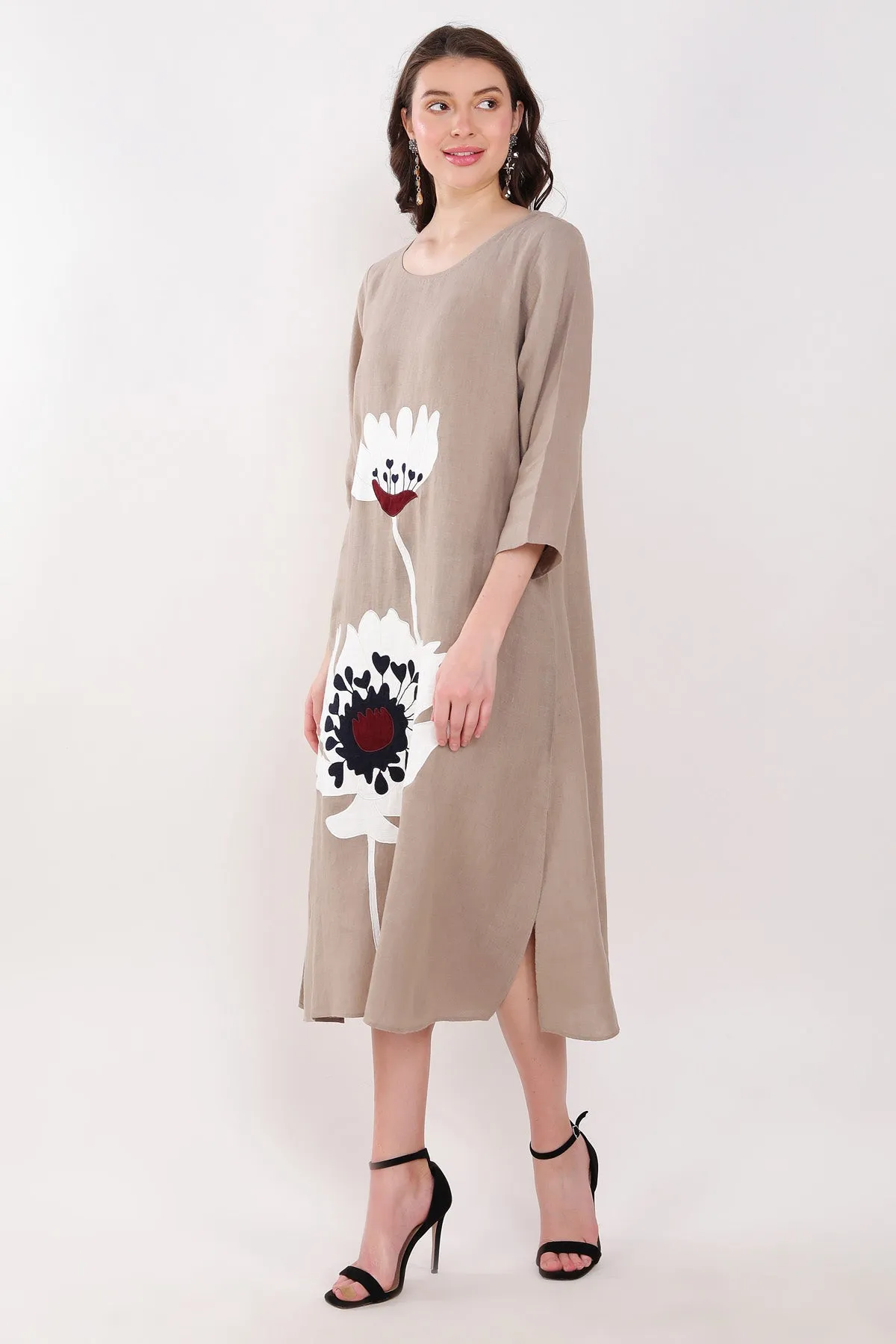 Khakhi Floral Embroidered Dress