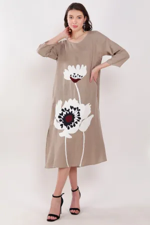 Khakhi Floral Embroidered Dress