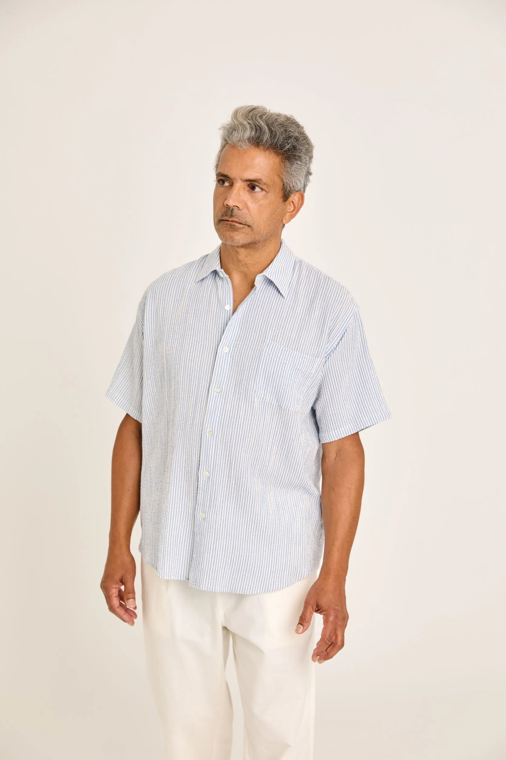 La Paz - Roque Grandpa Baggy Shirt - Azure Stripes