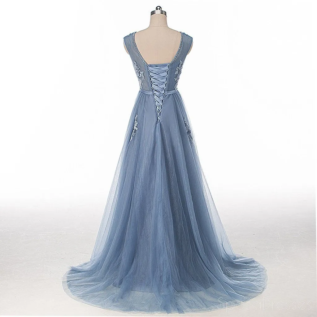 Lace Beaded Dusty Blue Scoop Neckline Evening Prom Dresses, Long Sexy Party Prom Dress, Custom Long Prom Dresses, Cheap Formal Prom Dresses, 17134