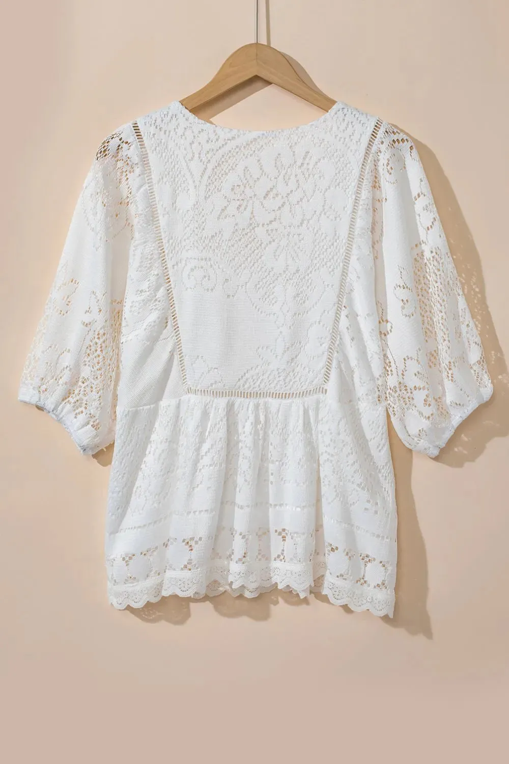 Lace Crochet Hollowed Scallop Hem V Neck Blouse