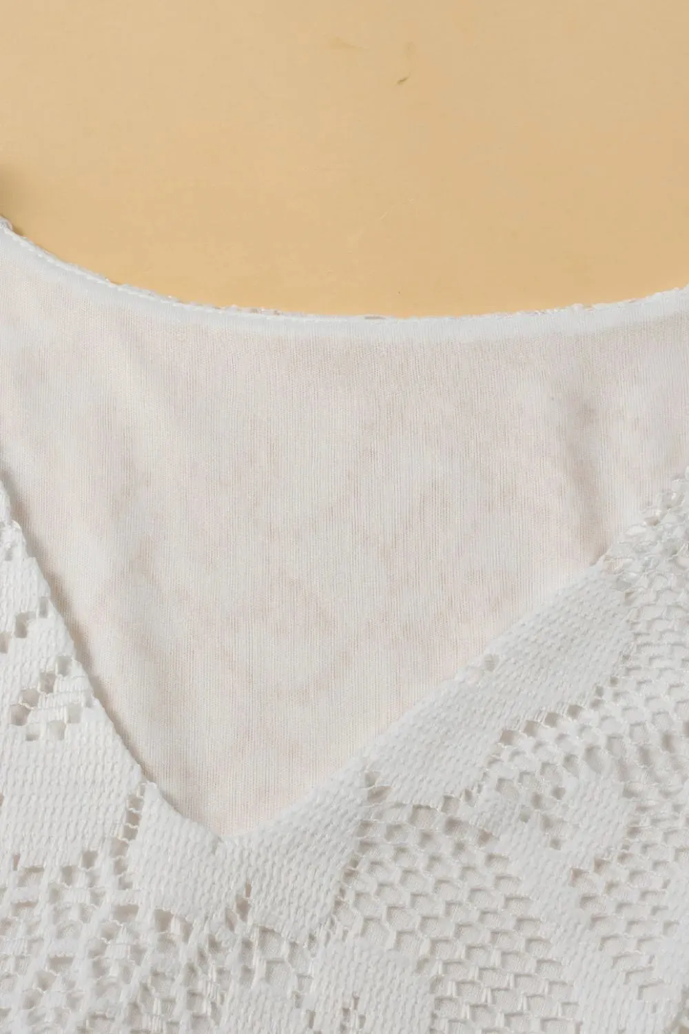Lace Crochet Hollowed Scallop Hem V Neck Blouse