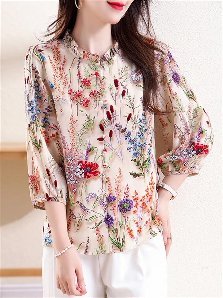 Ladies Ruffle Collar Lantern Sleeve 3D Floral Design Shirt