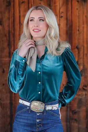 LADIES TEAL VELVET SNAP WESTERN SHIRT