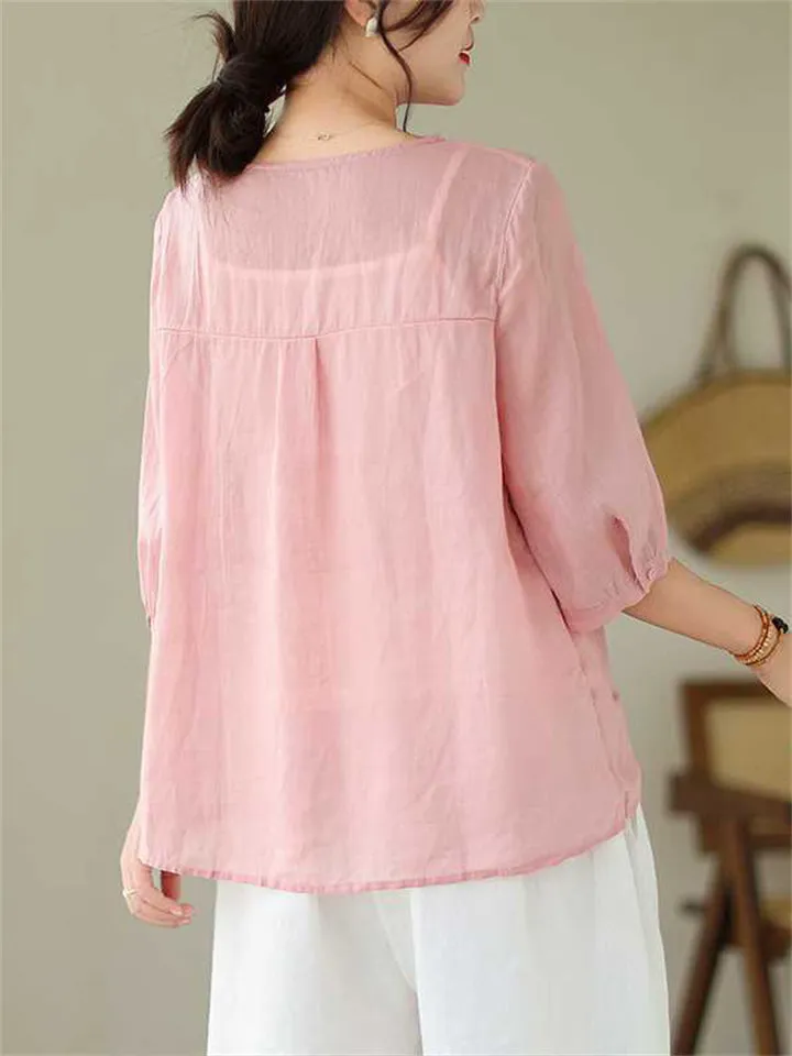 Leaf Flower Embroidered Women's Half Sleeve V-Neck Shirt