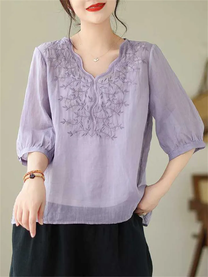 Leaf Flower Embroidered Women's Half Sleeve V-Neck Shirt