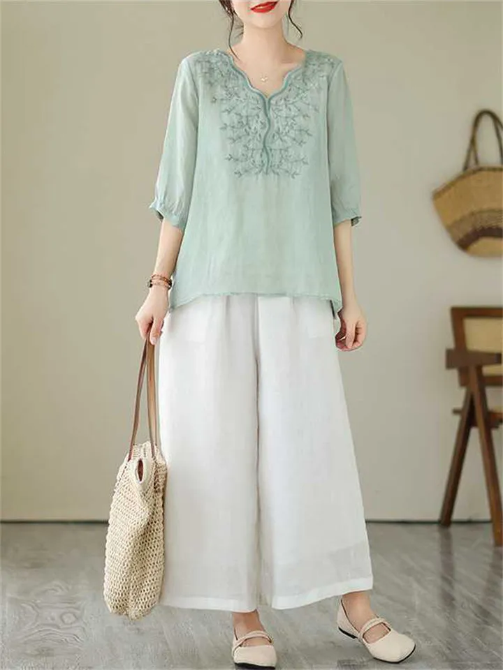 Leaf Flower Embroidered Women's Half Sleeve V-Neck Shirt