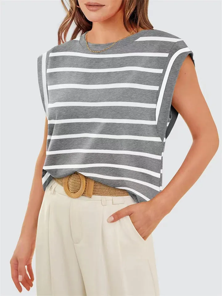 Leisure Round Neck Sleeveless Stripe Shirt for Women