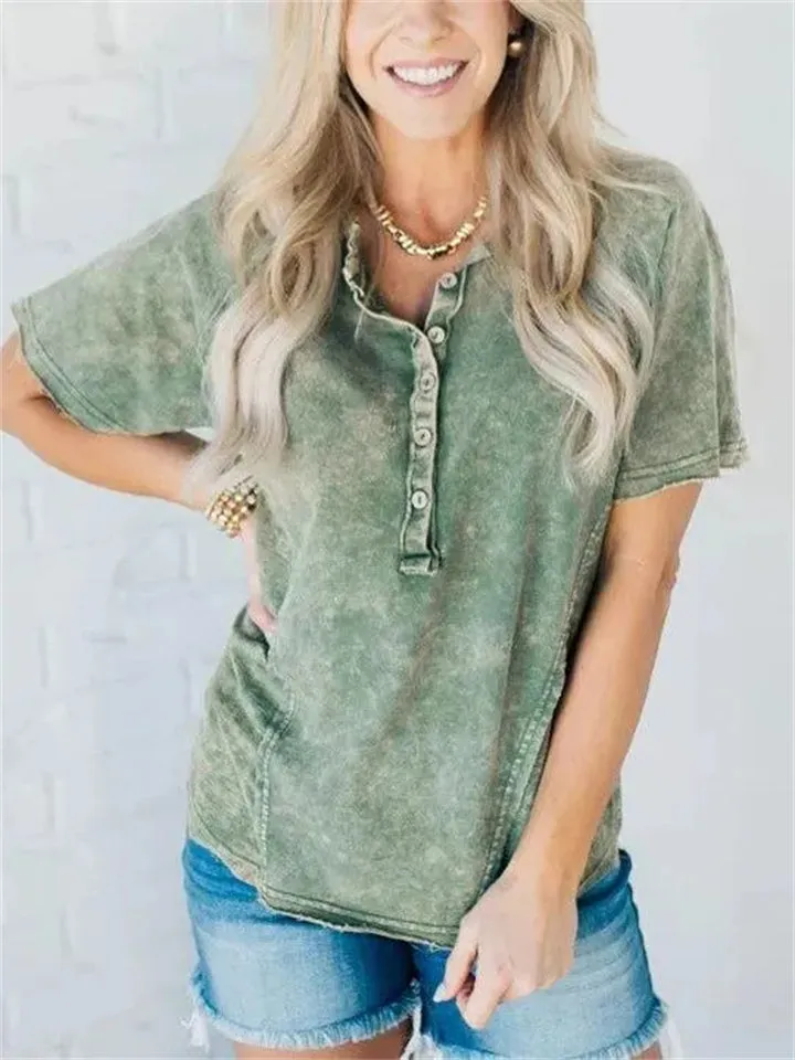 Leisure Washed Effect Buttoned Neck T-shirt for Women