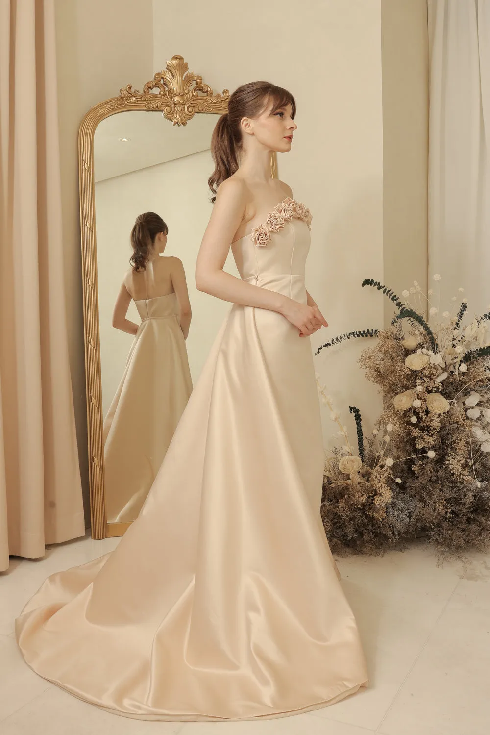 LEONORA GOWN Curve Neckline Maxi Dress with Full Floral Detail on Neckline and Detachable Trail Skirt (Light Peach Duchess Satin)