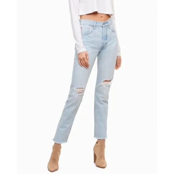 LEVI’S 501 Skinny High Rise Denim Jeans Destroyed Light Blue 24