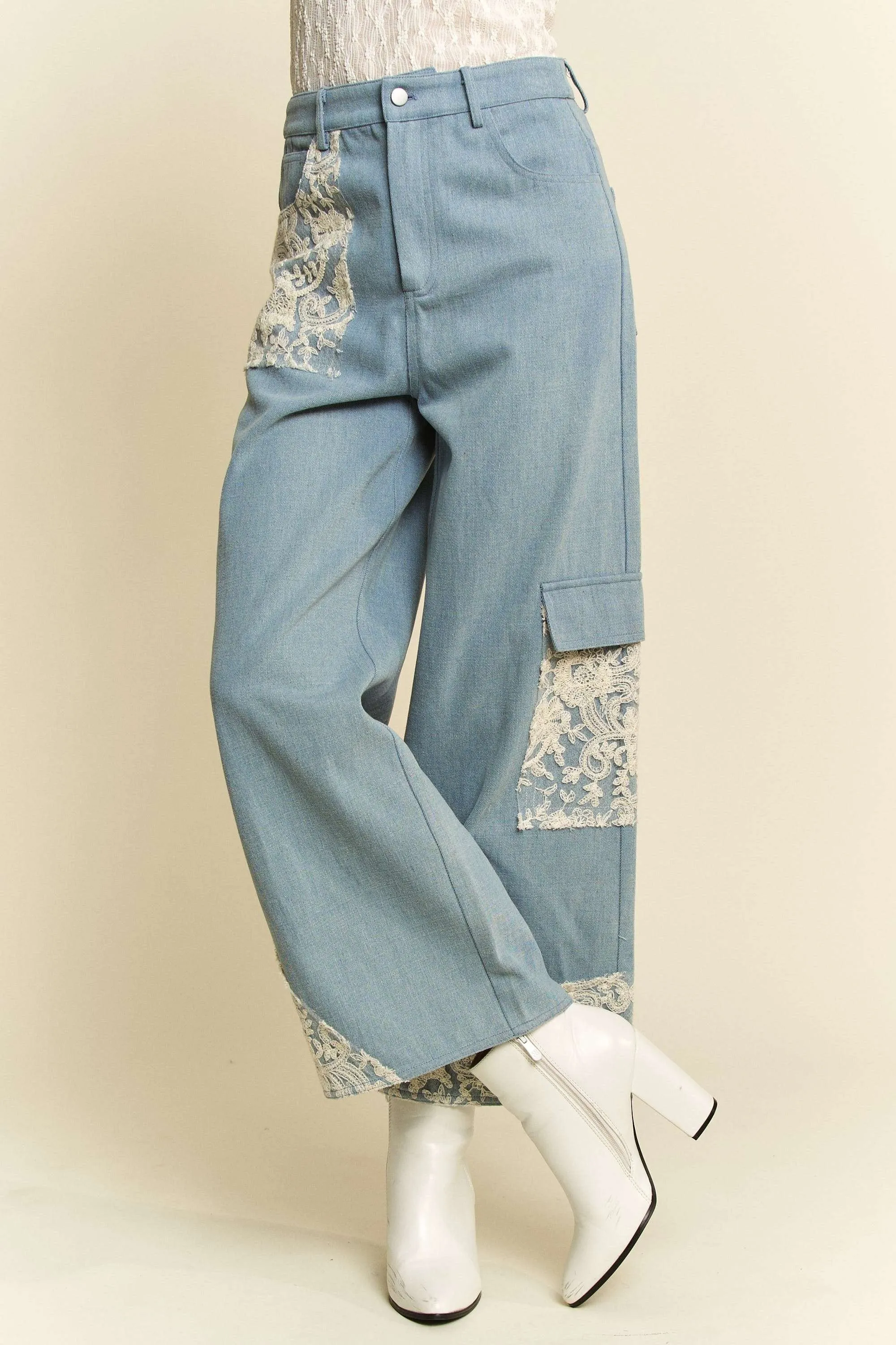 Light Blue Wide Leg Jeans With Lace
