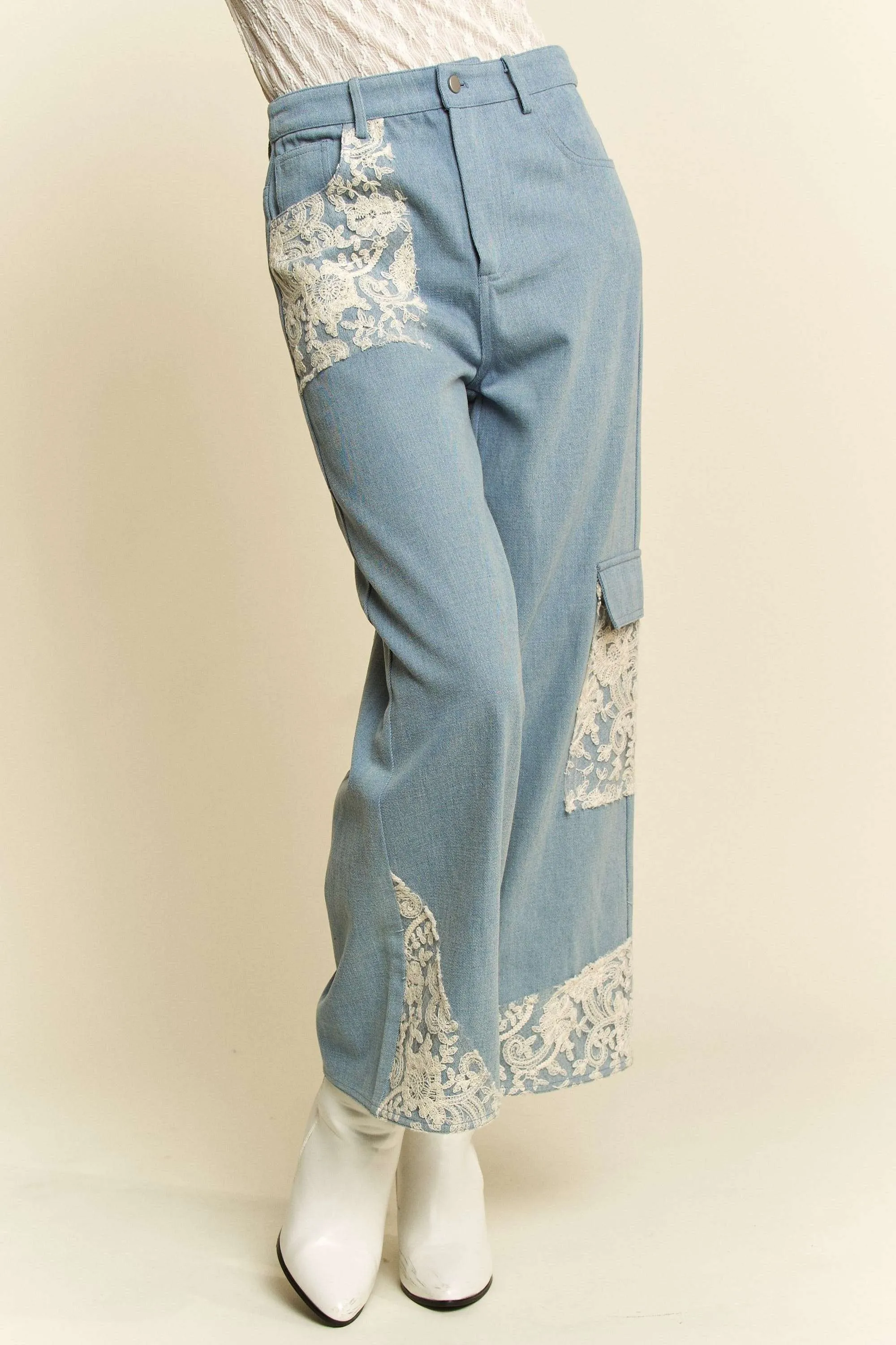 Light Blue Wide Leg Jeans With Lace