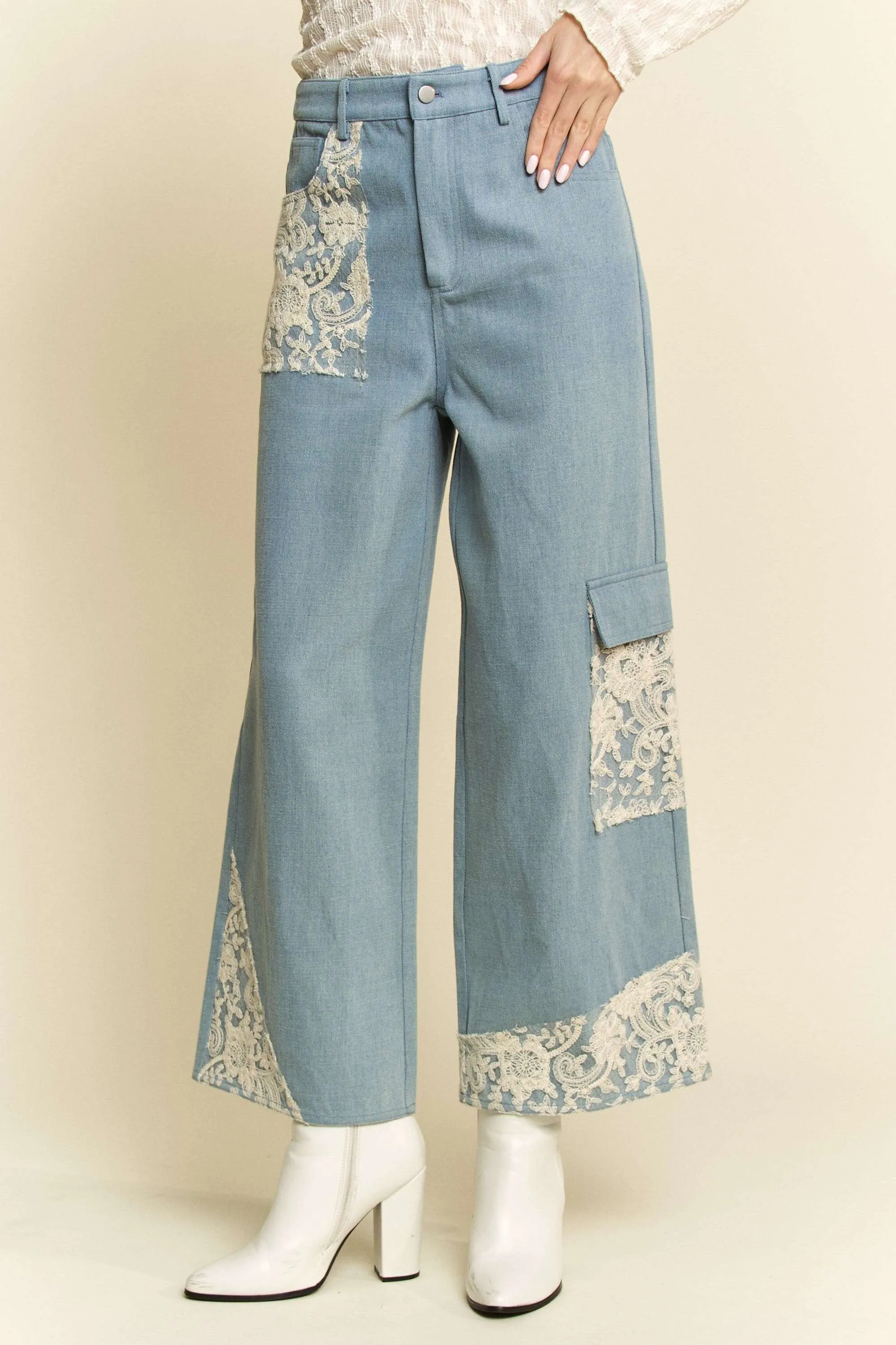 Light Blue Wide Leg Jeans With Lace