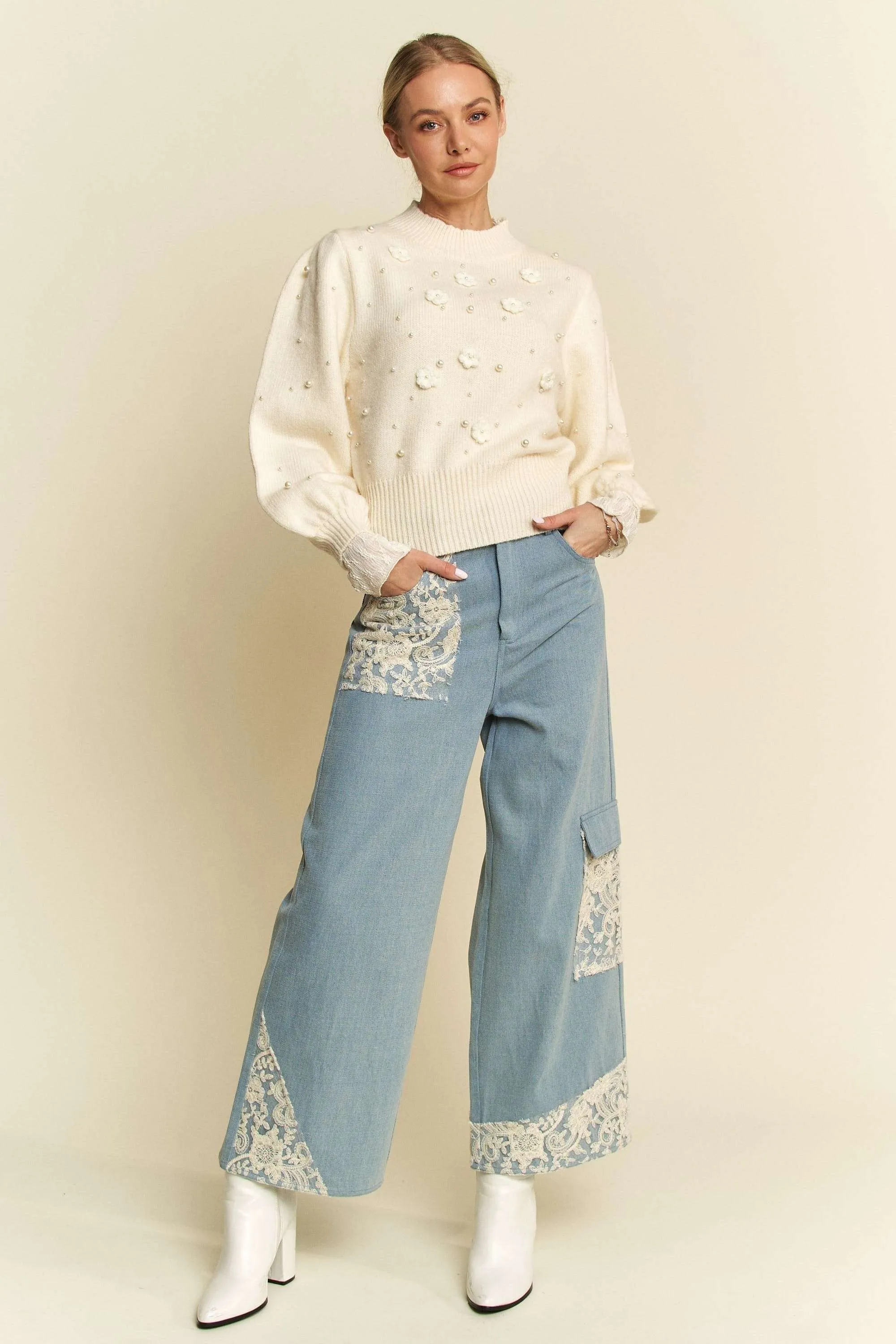 Light Blue Wide Leg Jeans With Lace