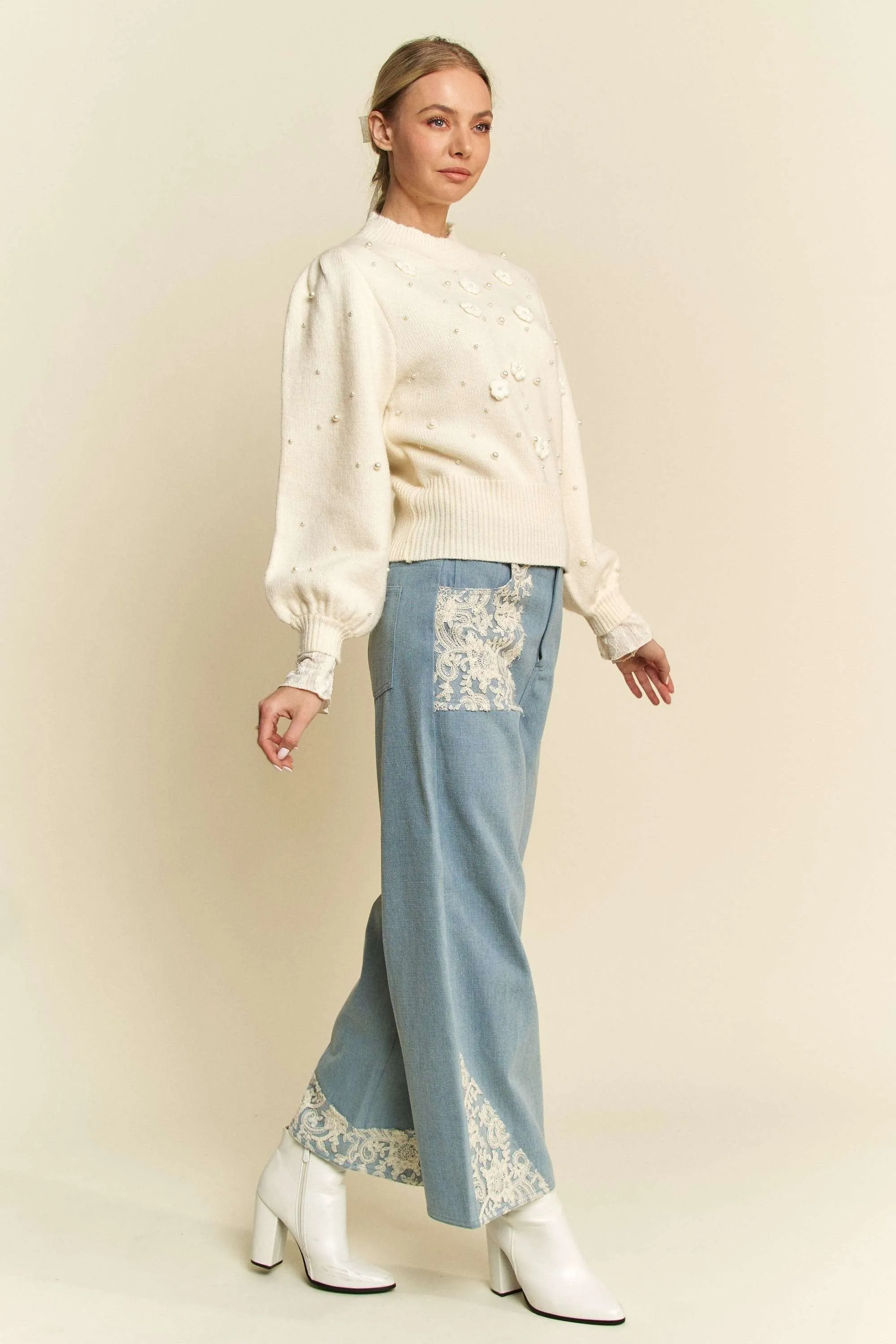 Light Blue Wide Leg Jeans With Lace