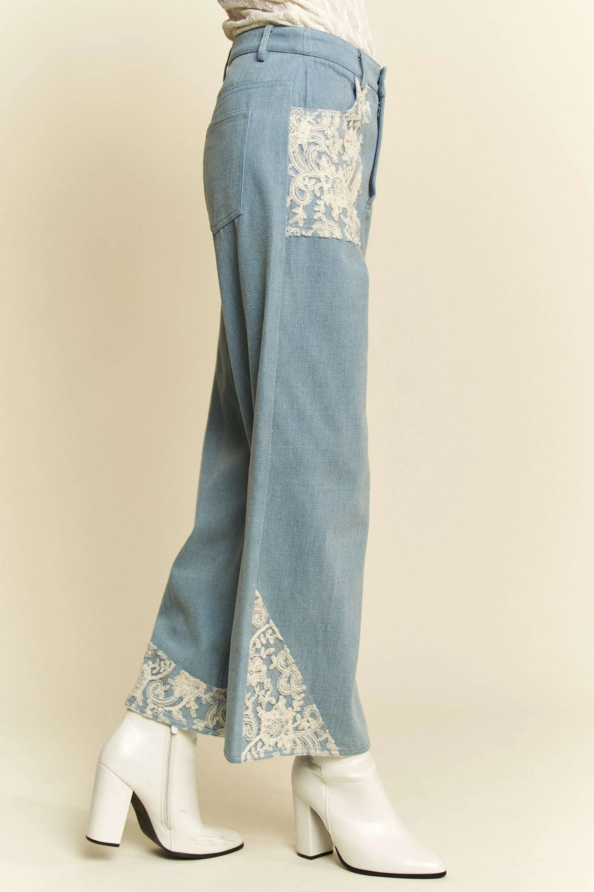 Light Blue Wide Leg Jeans With Lace