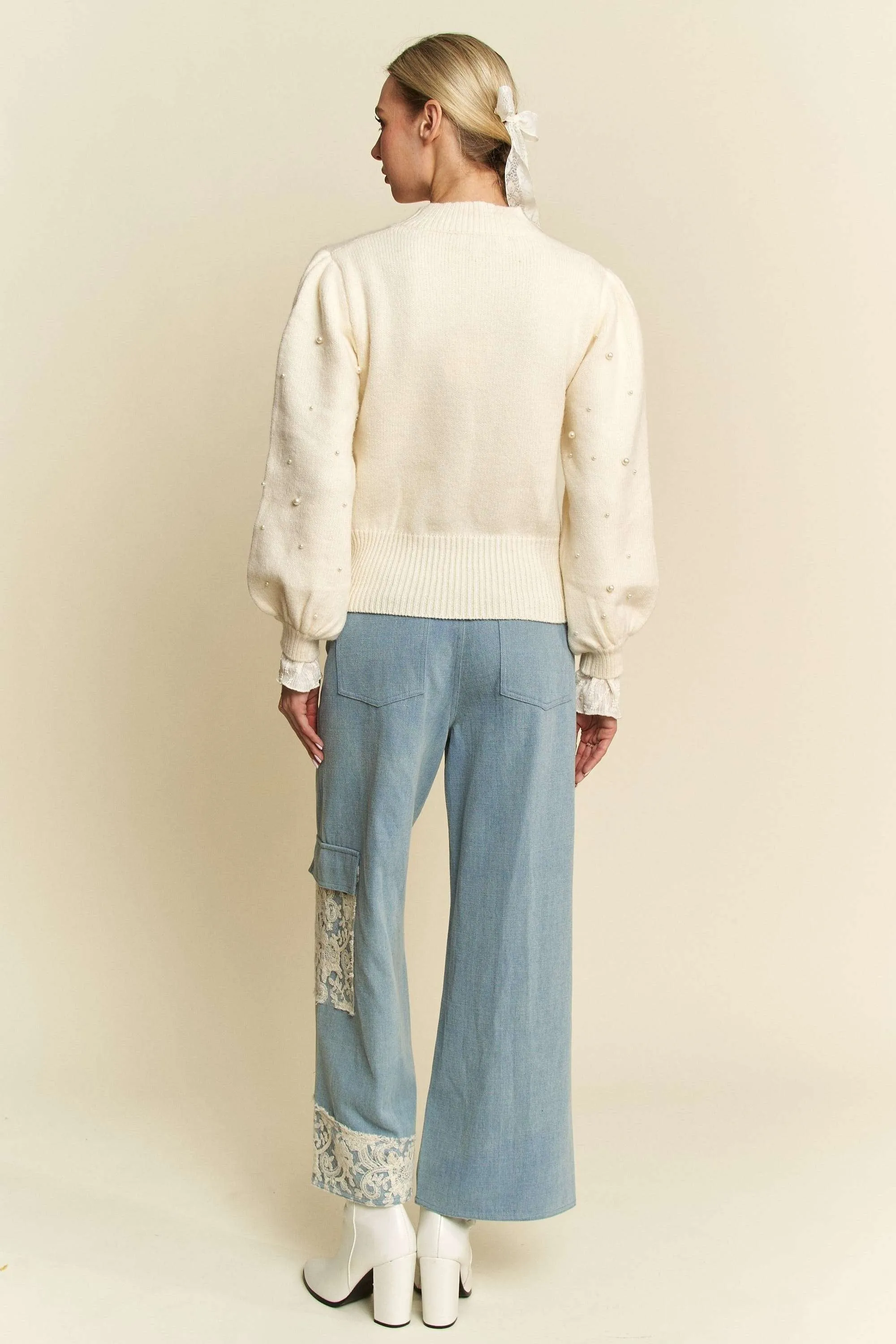 Light Blue Wide Leg Jeans With Lace